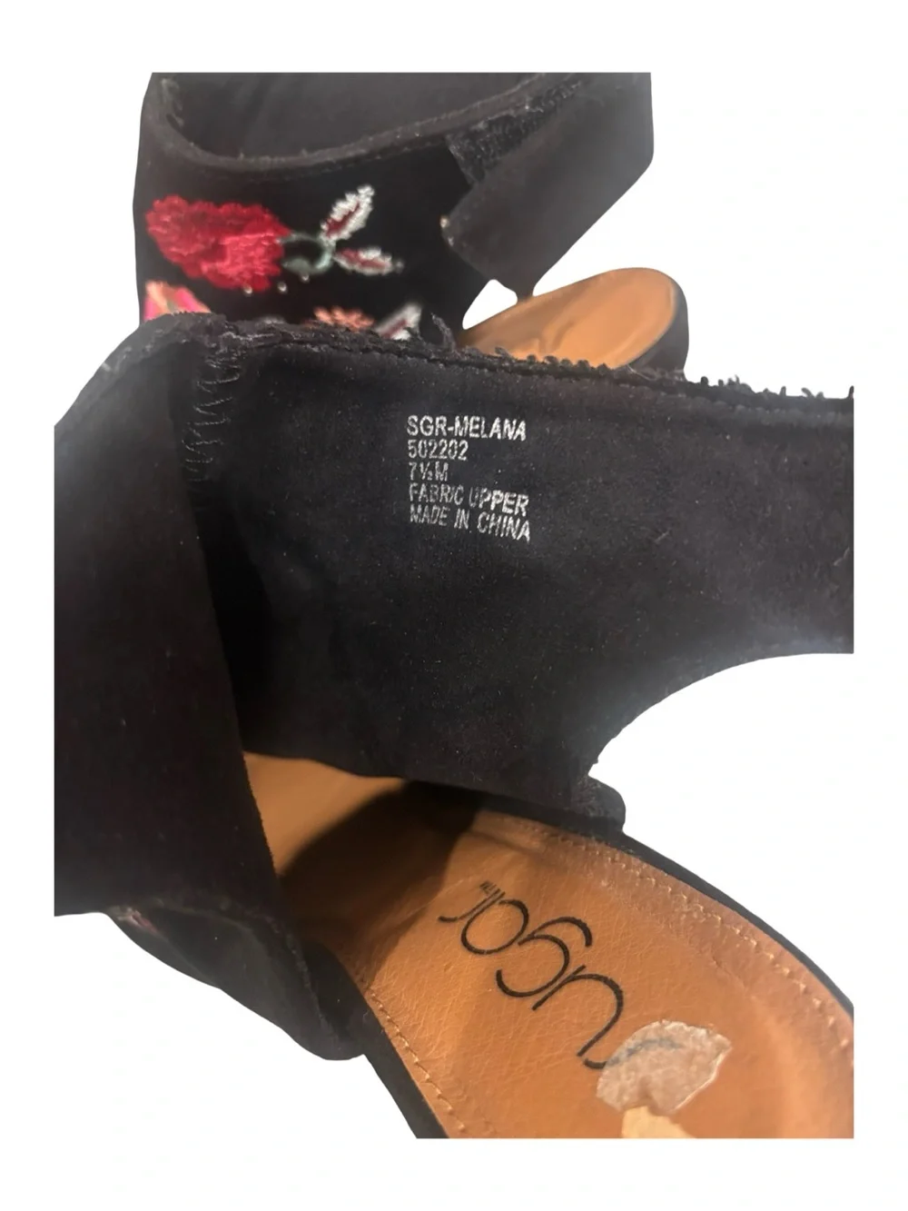 Sugar Black Suede Floral Boho Artsy Embroidered Peep-Toe Heels Size 8
